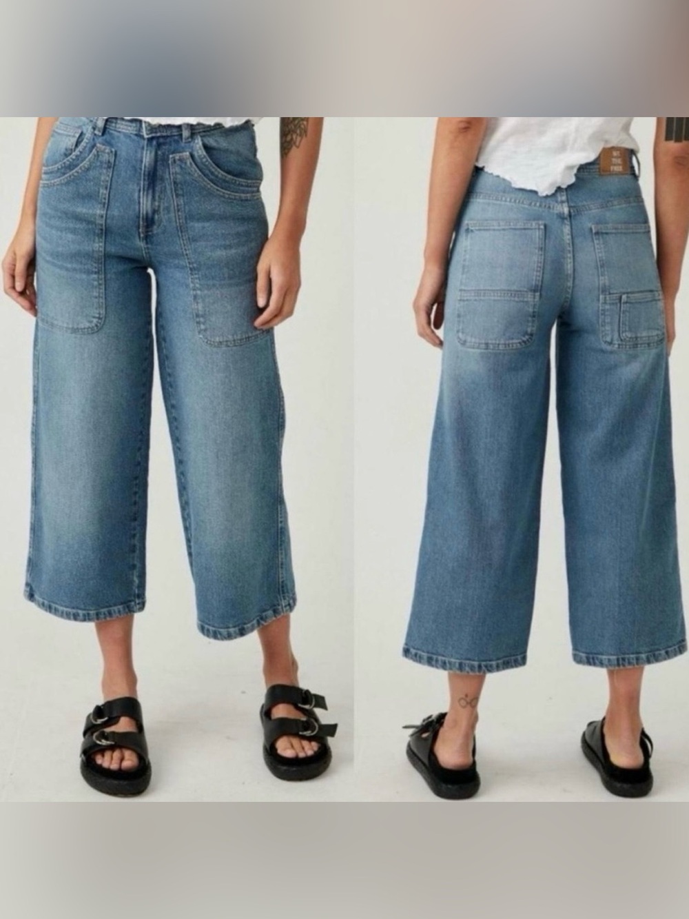 We The Free Piper Mid-Rise Crop Wide-Leg Med Wash Jeans 28